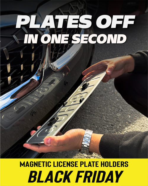 Person removing a license plate from a car with text promoting magnetic license plate holders for Black Friday.